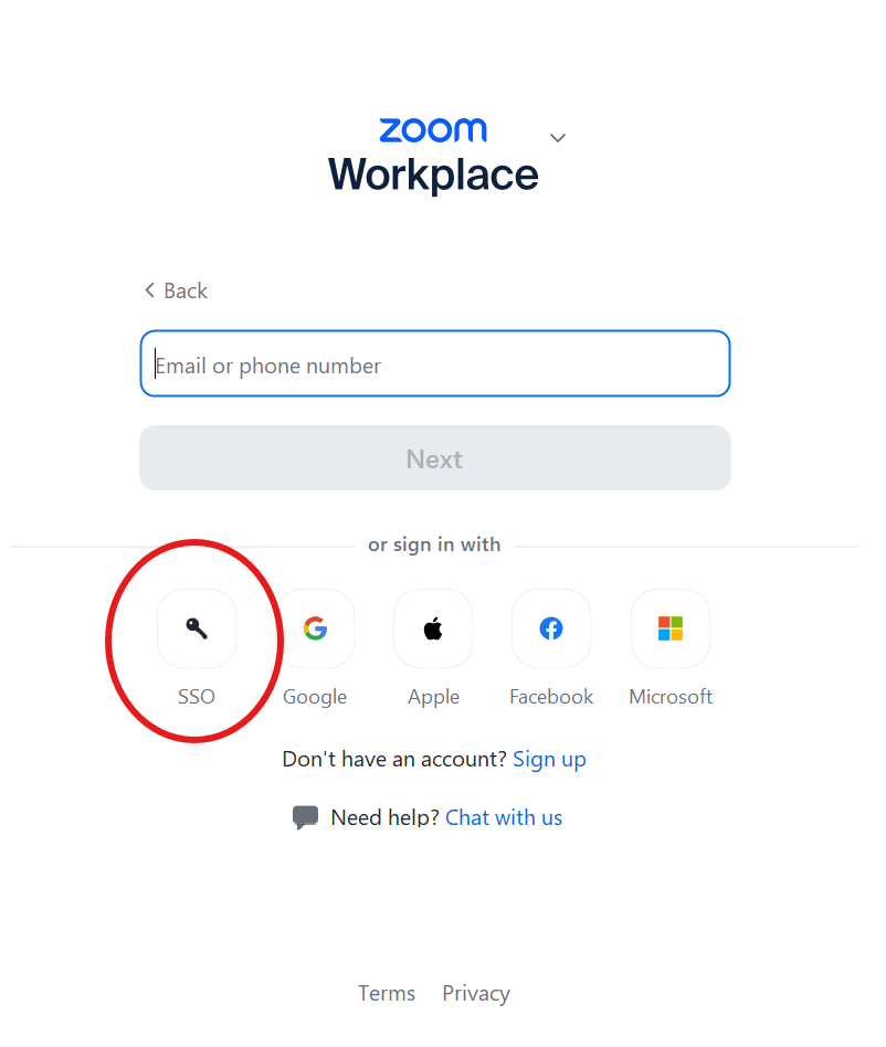 Screenshot of Zoom sign-in with SSO circled